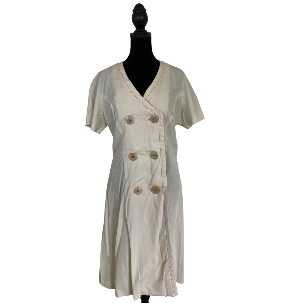 Vintage Kay Windsor Cream Double Breasted Dress Red Gingham Lining 1950s 60s MCM